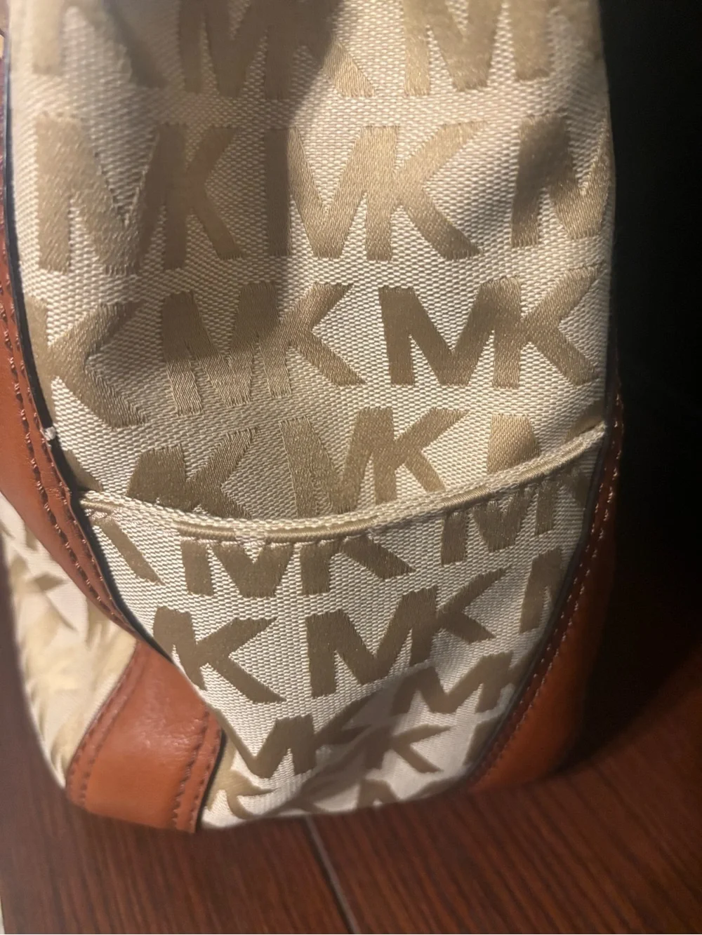 Michael Kors Cream & Tan MK Signature Drawstring Tote with Matching Wallet